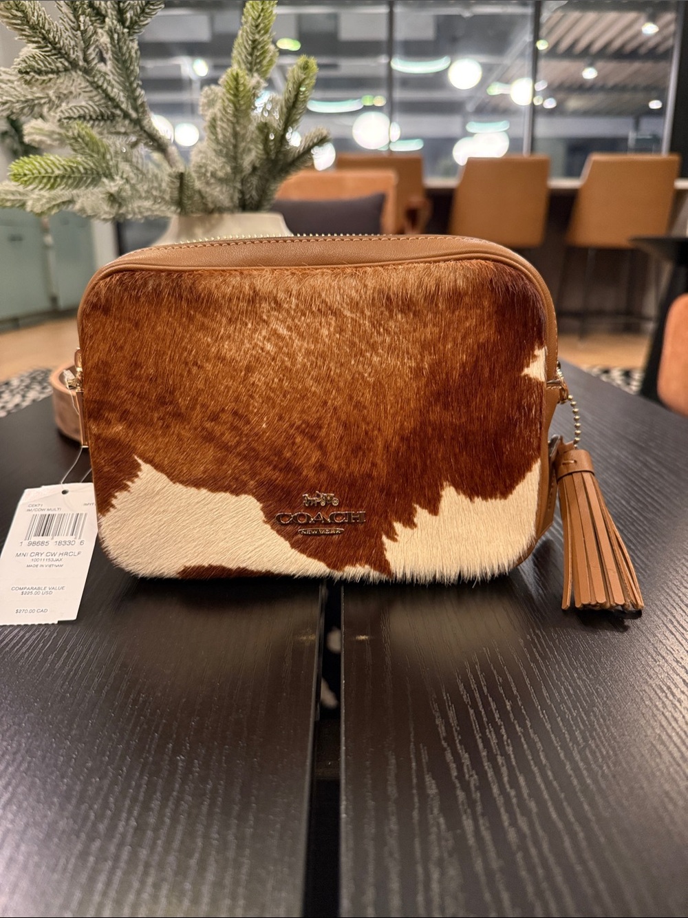NWT Coach Tan and Cream Cowhide Crossbody Bag with Tassel